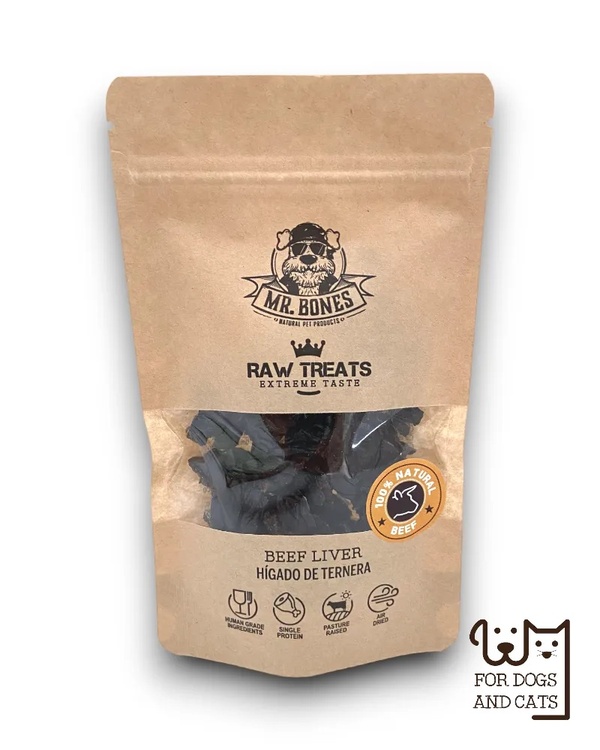 mr bones raw treats beef liver - priboljski za pse in macke - 100  goveja jetra