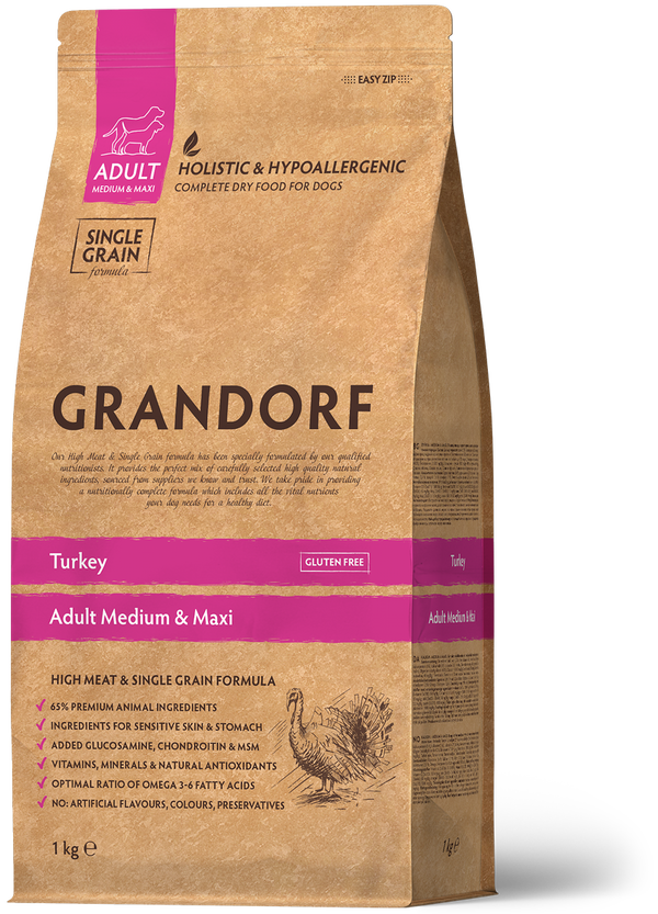 grandorf monoprotein turkey - za odrasle pse srednjih in velikih pasem - puran
